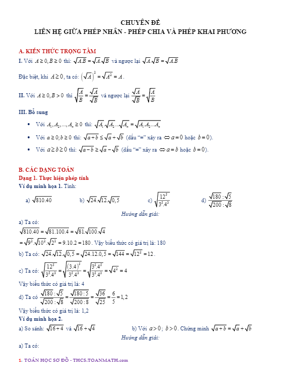 Chuyên đề liên hệ giữa phép nhân phép chia và phép khai phương