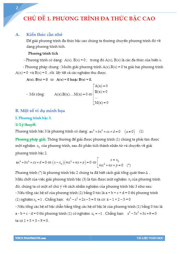Chuyên đề phương trình đại số Trịnh Bình