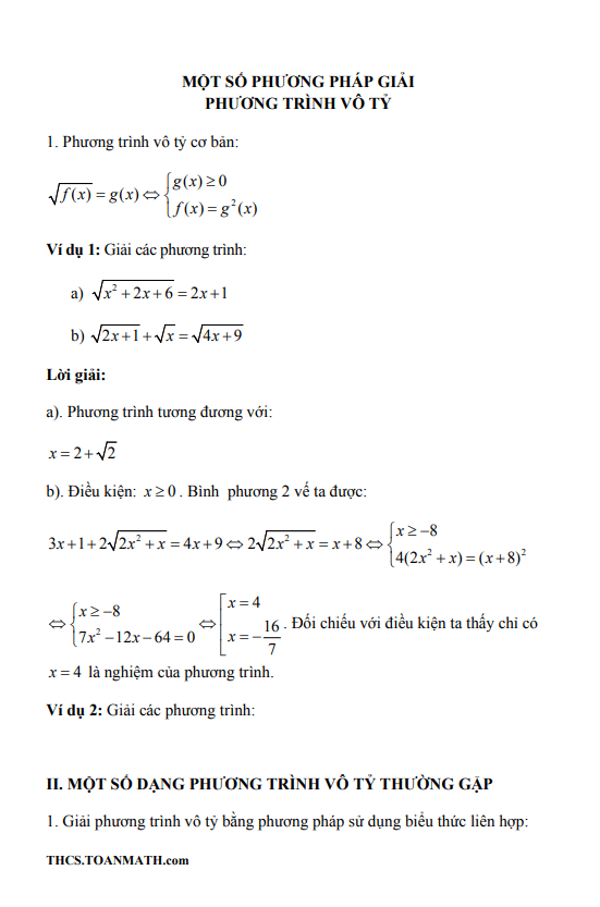 Chuyên đề phương trình vô tỷ ôn thi vào 