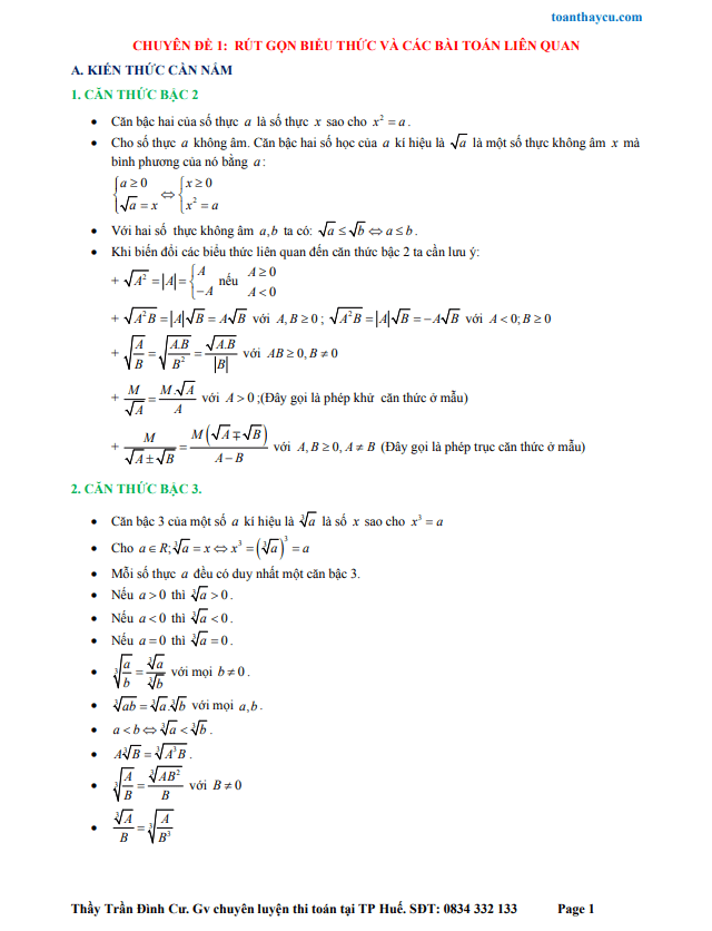 Chuyên đề rút gọn biểu thức và các bài toán liên quan Trần Đình Cư