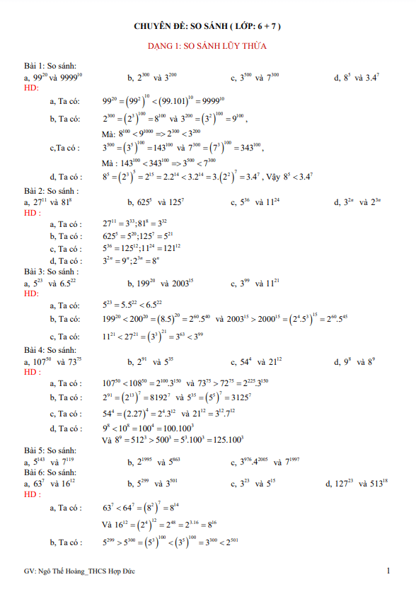 Chuyên đề so sánh bồi dưỡng học sinh giỏi lớp 6 môn Toán 7