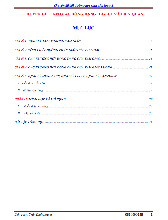 Chuyên đề tam giác đồng dạng, Ta-lét và liên quan bồi dưỡng học sinh giỏi lớp 8 môn Toán