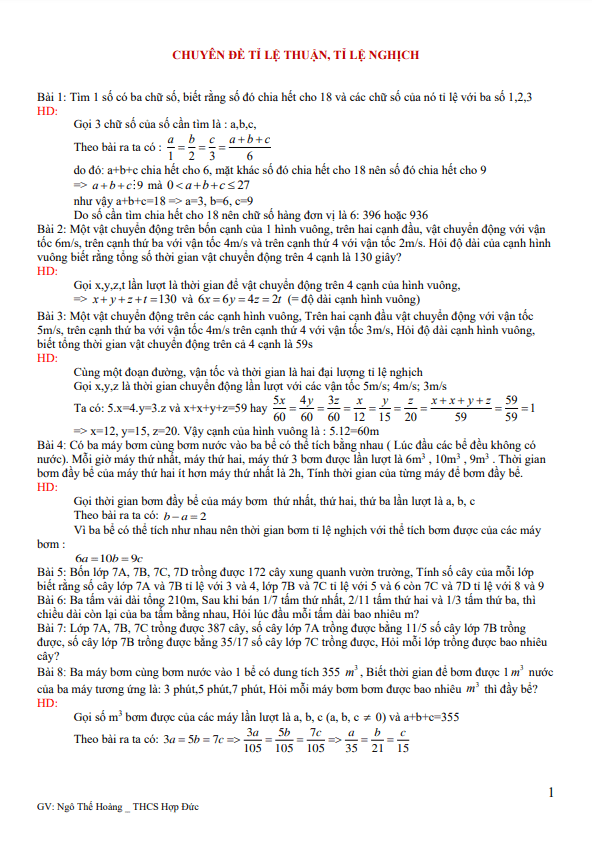 Chuyên đề tỉ lệ thuận và tỉ lệ nghịch bồi dưỡng học sinh giỏi lớp 7 môn Toán