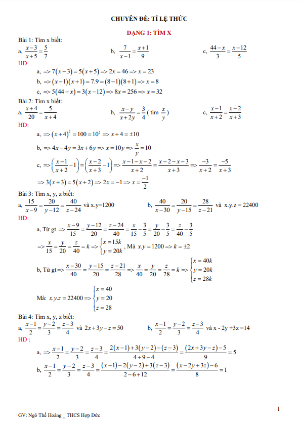 Chuyên đề tỉ lệ thức bồi dưỡng học sinh giỏi lớp 7 môn Toán