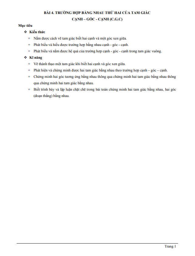 Chuyên đề trường hợp bằng nhau thứ hai của tam giác: cạnh góc cạnh (c.g.c)