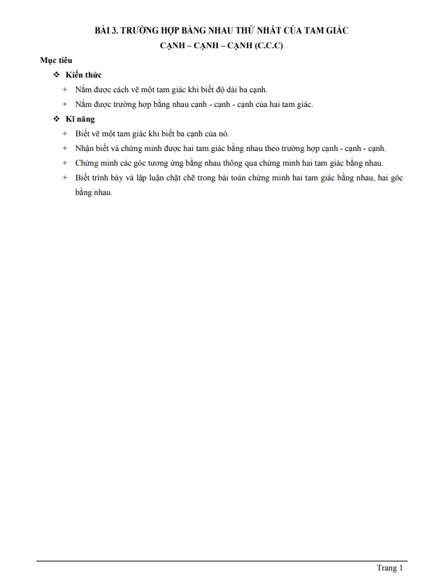 Chuyên đề trường hợp bằng nhau thứ nhất của tam giác: cạnh cạnh cạnh (c.c.c)