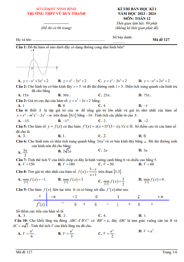 Đề bán học kì 1 (HK1) lớp 12 môn Toán năm 2023 2024 trường THPT Vũ Duy Thanh Ninh Bình
