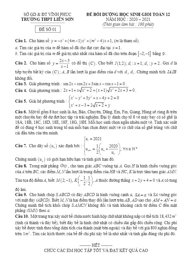 Đề bồi dưỡng HSG lớp 12 môn Toán năm 2020 2021 trường THPT Liễn Sơn Vĩnh Phúc