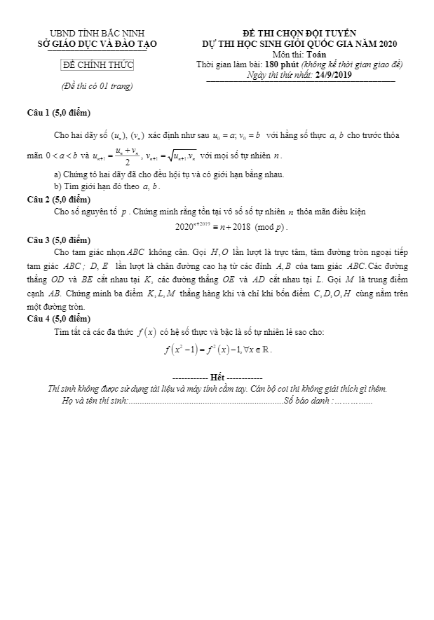 Đề chọn đội tuyển dự thi HSG Quốc gia 2020 môn Toán sở GD ĐT Bắc Ninh