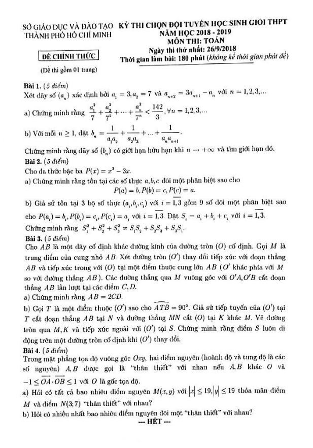 Đề chọn đội tuyển học sinh giỏi Toán năm 2018 2019 sở GD và ĐT TP. HCM