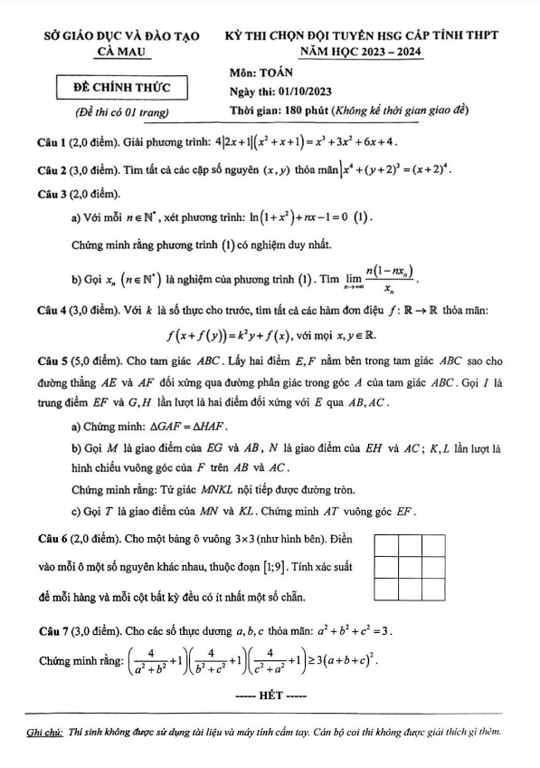 Đề chọn đội tuyển HSG cấp tỉnh Toán THPT năm 2023 2024 sở GD ĐT Cà Mau