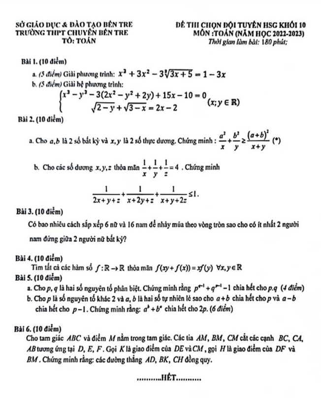 Đề chọn đội tuyển HSG lớp 10 môn Toán năm 2022 2023 trường THPT chuyên Bến Tre