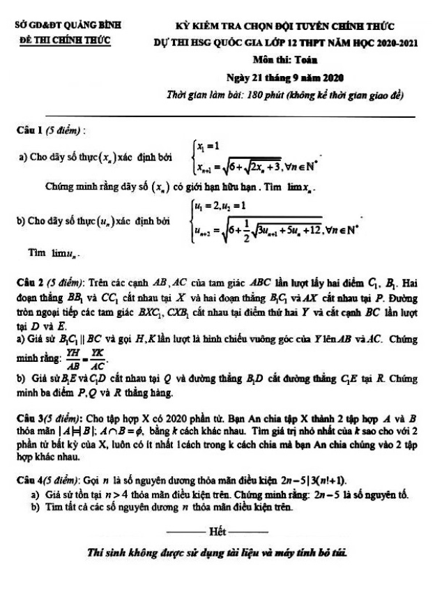 Đề chọn đội tuyển HSG lớp 12 môn Toán năm học 2020 2021 sở GD ĐT Quảng Bình
