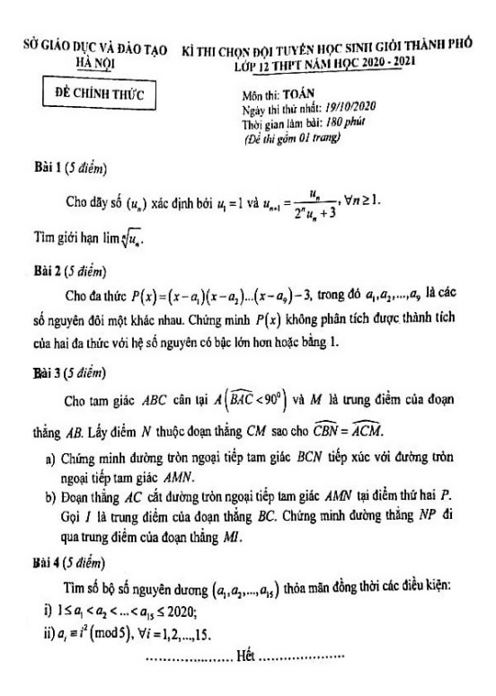 Đề chọn đội tuyển HSG lớp 12 môn Toán THPT năm 2020 2021 sở GD ĐT Hà Nội