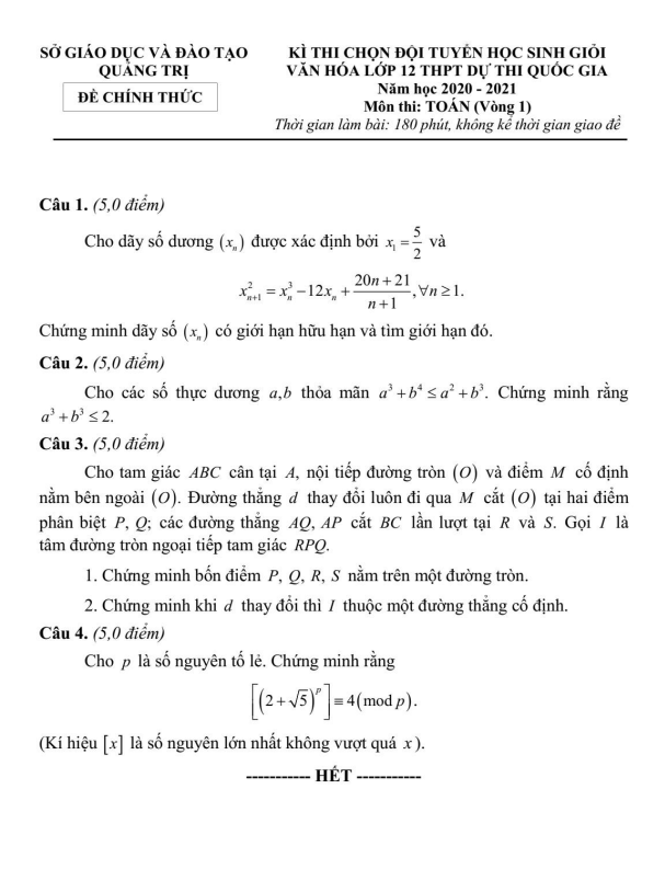 Đề chọn đội tuyển HSG lớp 12 môn Toán THPT năm 2020 2021 sở GD ĐT Quảng Trị