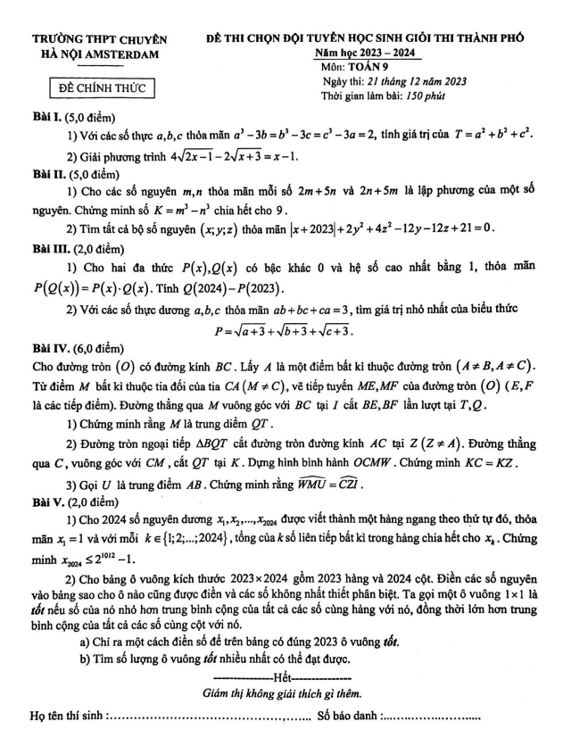 Đề chọn đội tuyển HSG lớp 9 môn Toán năm 2023 2024 trường chuyên Hà Nội Amsterdam