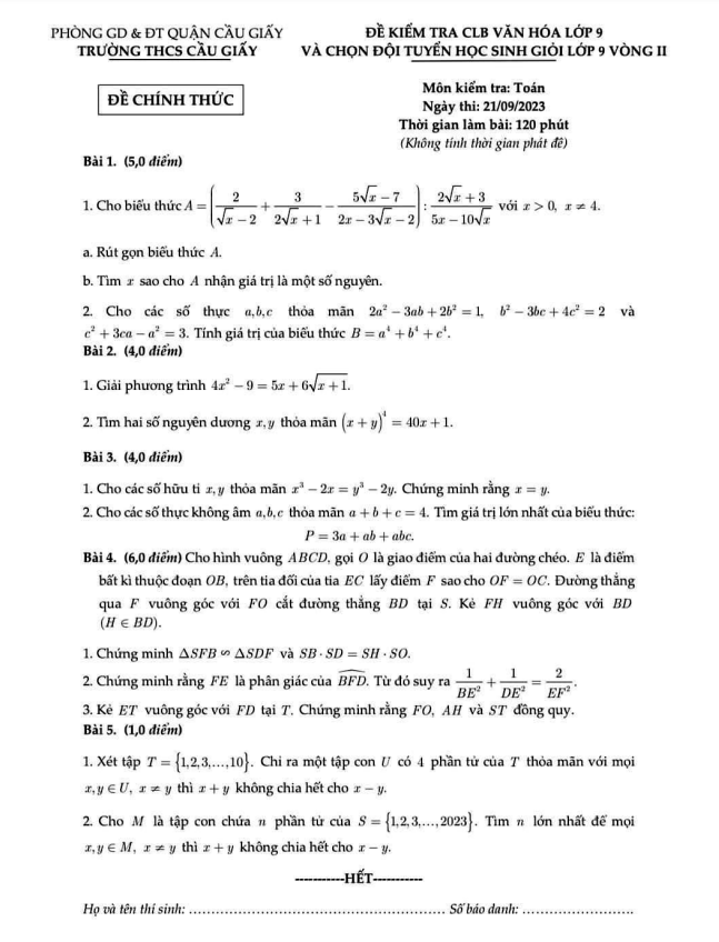 Đề chọn đội tuyển HSG lớp 9 môn Toán vòng 2 năm 2023 2024 trường THCS Cầu Giấy Hà Nội