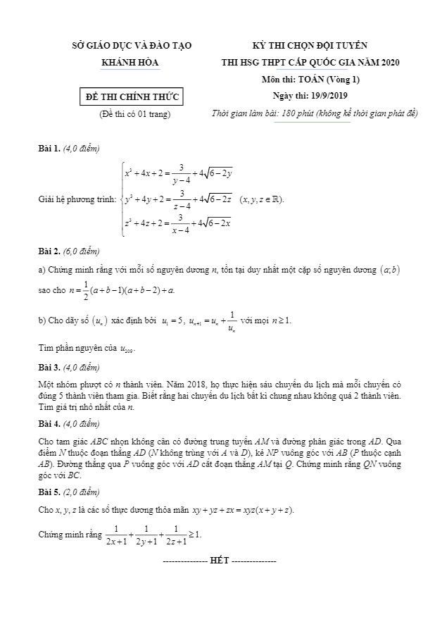Đề chọn đội tuyển HSG Toán năm 2020 sở GD ĐT Khánh Hòa (vòng 1).