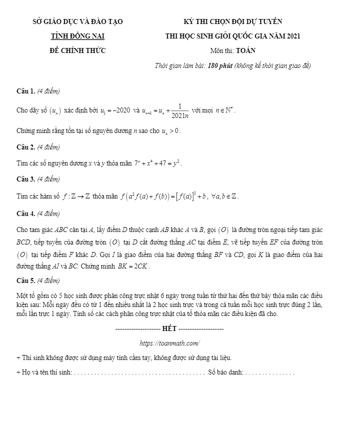 Đề chọn đội tuyển HSG Toán năm 2021 sở GD ĐT tỉnh Đồng Nai