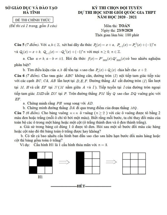 Đề chọn đội tuyển HSG Toán THPT năm 2020 2021 sở GD ĐT Hà Tĩnh