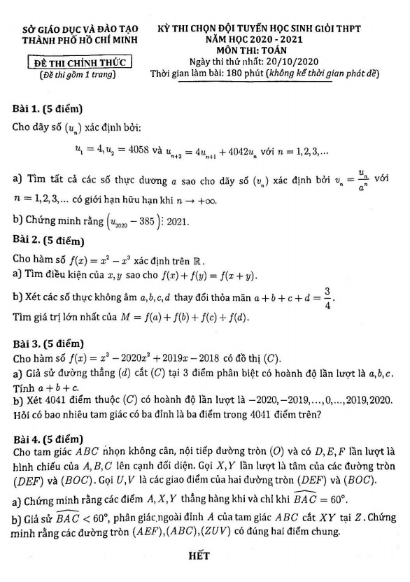 Đề chọn đội tuyển HSG Toán THPT năm 2020 2021 sở GD ĐT TP HCM