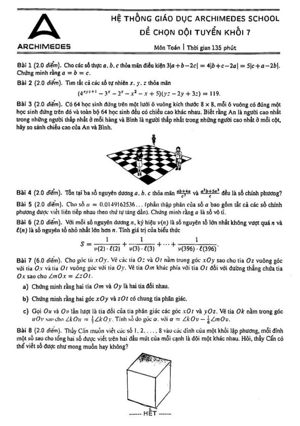 Đề chọn đội tuyển lớp 7 môn Toán năm 2022 2023 hệ thống GD Archimedes School Hà Nội