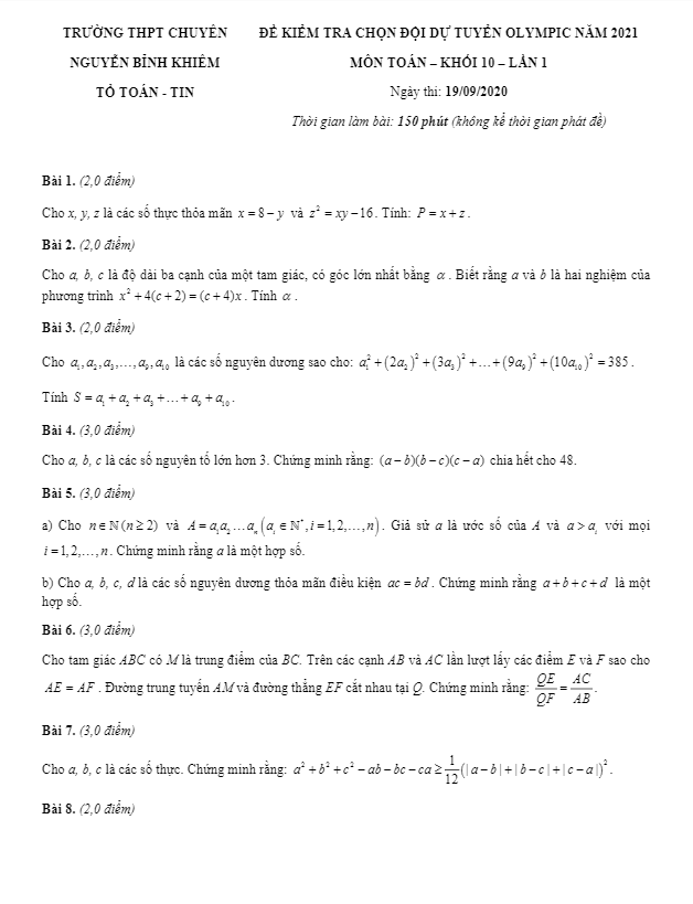 Đề chọn đội tuyển Olympic 2021 lớp 10 môn Toán lần 1 trường chuyên Nguyễn Bỉnh Khiêm Quảng Nam