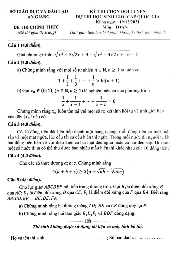 Đề chọn đội tuyển thi HSG QG môn Toán năm 2021 2022 sở GD ĐT An Giang