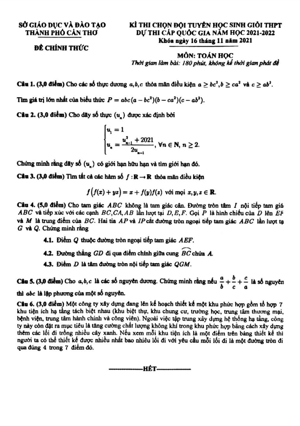 Đề chọn đội tuyển thi HSG QG môn Toán năm 2021 2022 sở GD ĐT Cần Thơ