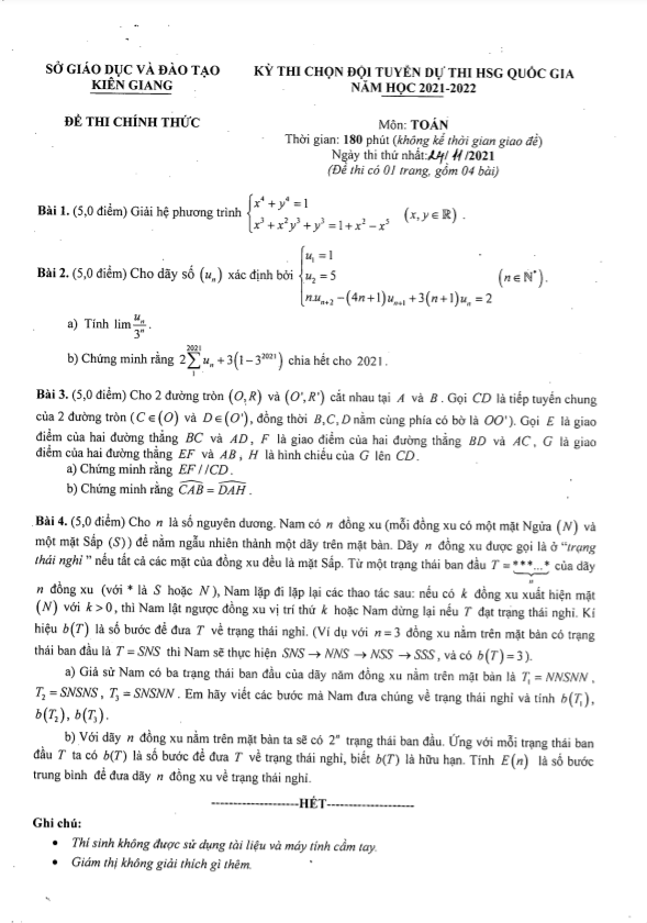 Đề chọn đội tuyển thi HSG QG môn Toán năm 2021 2022 sở GD ĐT Kiên Giang