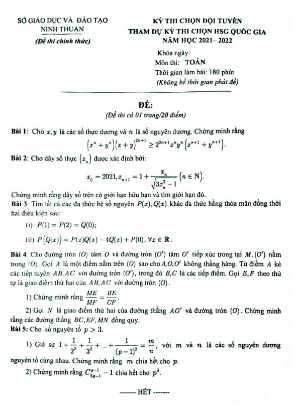 Đề chọn đội tuyển thi HSG QG môn Toán năm 2021 2022 sở GD ĐT Ninh Thuận