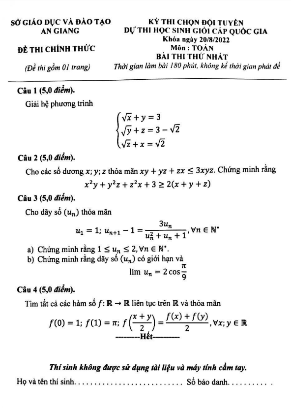 Đề chọn đội tuyển thi HSG QG môn Toán năm 2022 2023 sở GD ĐT An Giang