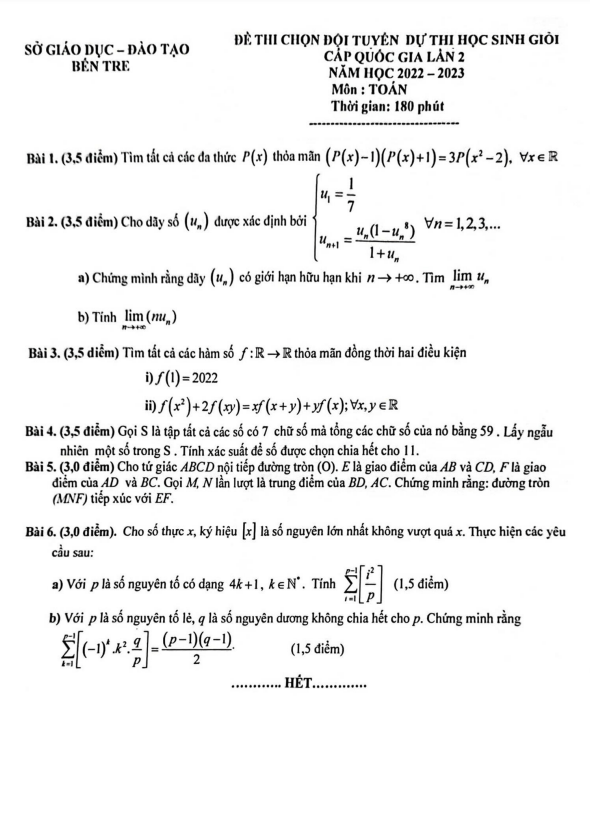 Đề chọn đội tuyển thi HSG QG môn Toán năm 2022 2023 sở GD ĐT Bến Tre