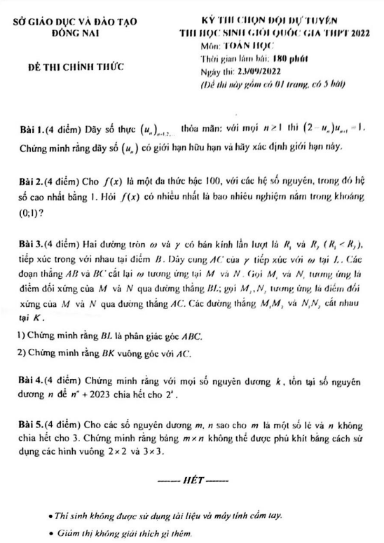 Đề chọn đội tuyển thi HSG QG môn Toán năm 2022 2023 sở GD ĐT Đồng Nai