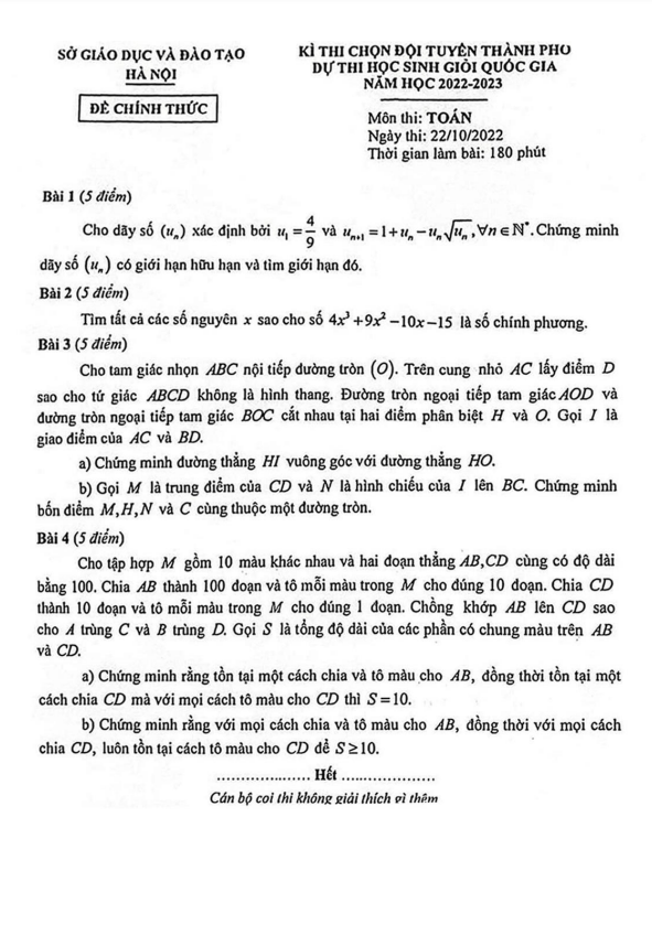 Đề chọn đội tuyển thi HSG QG môn Toán năm 2022 2023 sở GD ĐT Hà Nội