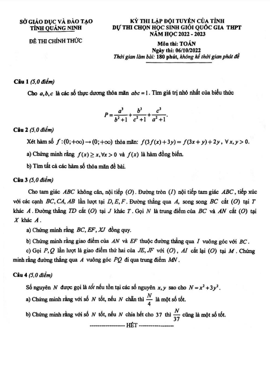 Đề chọn đội tuyển thi HSG QG môn Toán năm 2022 2023 sở GD ĐT Quảng Ninh