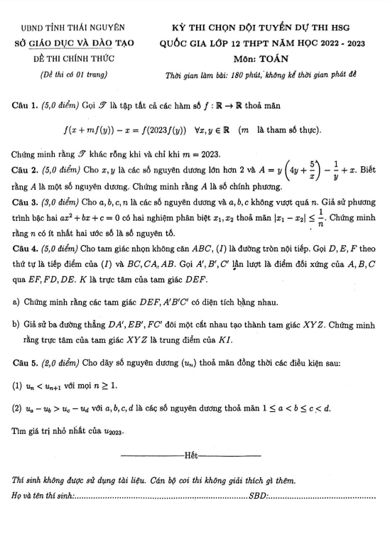 Đề chọn đội tuyển thi HSG QG môn Toán năm 2022 2023 sở GD ĐT Thái Nguyên
