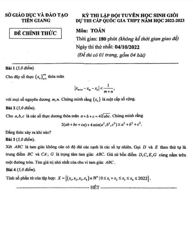 Đề chọn đội tuyển thi HSG QG môn Toán năm 2022 2023 sở GD ĐT Tiền Giang