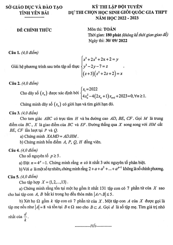 Đề chọn đội tuyển thi HSG QG môn Toán năm 2022 2023 sở GD ĐT Yên Bái
