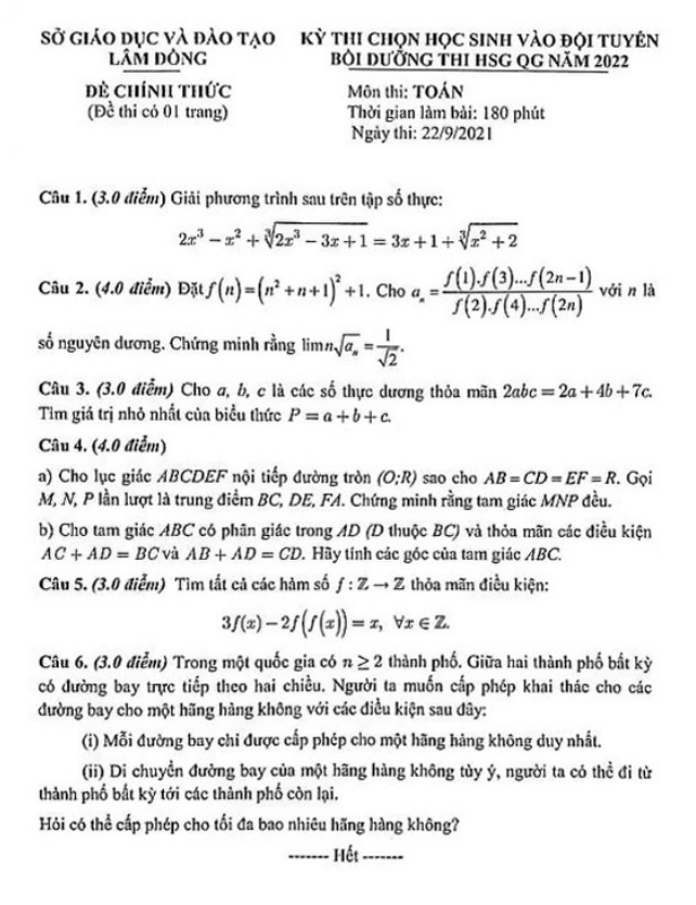 Đề chọn đội tuyển thi HSG QG môn Toán năm 2022 sở GD ĐT Lâm Đồng