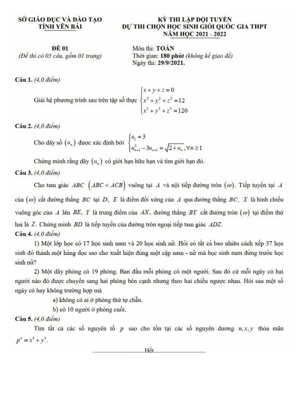 Đề chọn đội tuyển thi HSG QG môn Toán năm 2022 sở GD ĐT Yên Bái