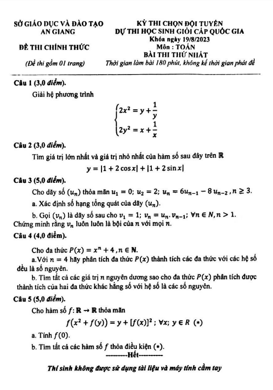 Đề chọn đội tuyển thi HSG QG môn Toán năm 2023 2024 sở GD ĐT An Giang