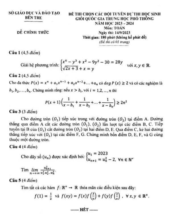 Đề chọn đội tuyển thi HSG QG môn Toán năm 2023 2024 sở GD ĐT Bến Tre