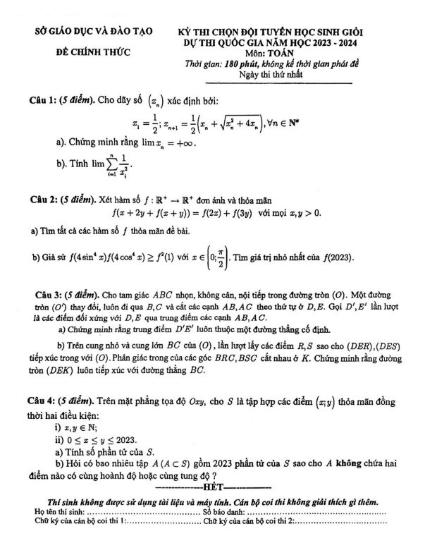 Đề chọn đội tuyển thi HSG QG môn Toán năm 2023 2024 sở GD ĐT Bình Dương