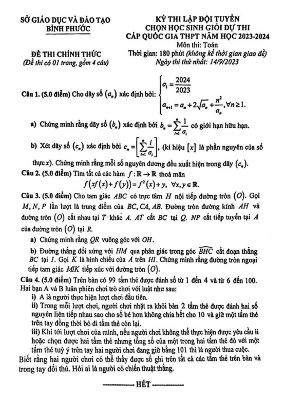 Đề chọn đội tuyển thi HSG QG môn Toán năm 2023 2024 sở GD ĐT Bình Phước