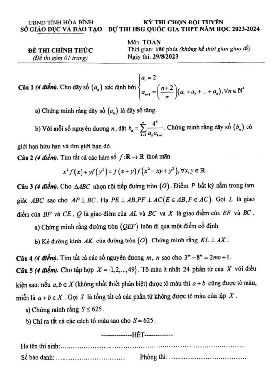 Đề chọn đội tuyển thi HSG QG môn Toán năm 2023 2024 sở GD ĐT Hòa Bình