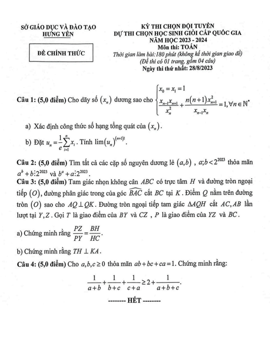 Đề chọn đội tuyển thi HSG QG môn Toán năm 2023 2024 sở GD ĐT Hưng Yên