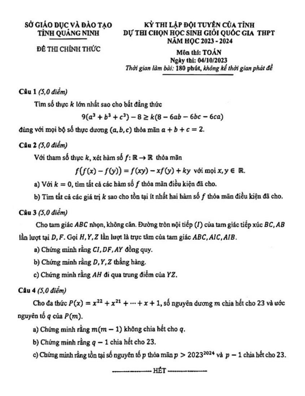 Đề chọn đội tuyển thi HSG QG môn Toán năm 2023 2024 sở GD ĐT Quảng Ninh