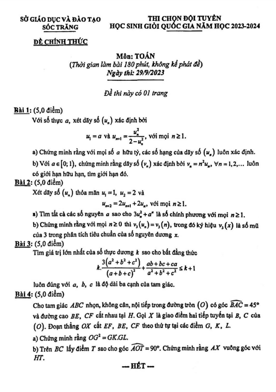 Đề chọn đội tuyển thi HSG QG môn Toán năm 2023 2024 sở GD ĐT Sóc Trăng
