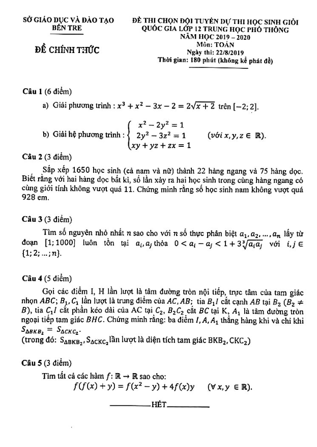Đề chọn đội tuyển thi HSG Quốc gia lớp 12 môn Toán năm 2019 2020 sở GD ĐT Bến Tre